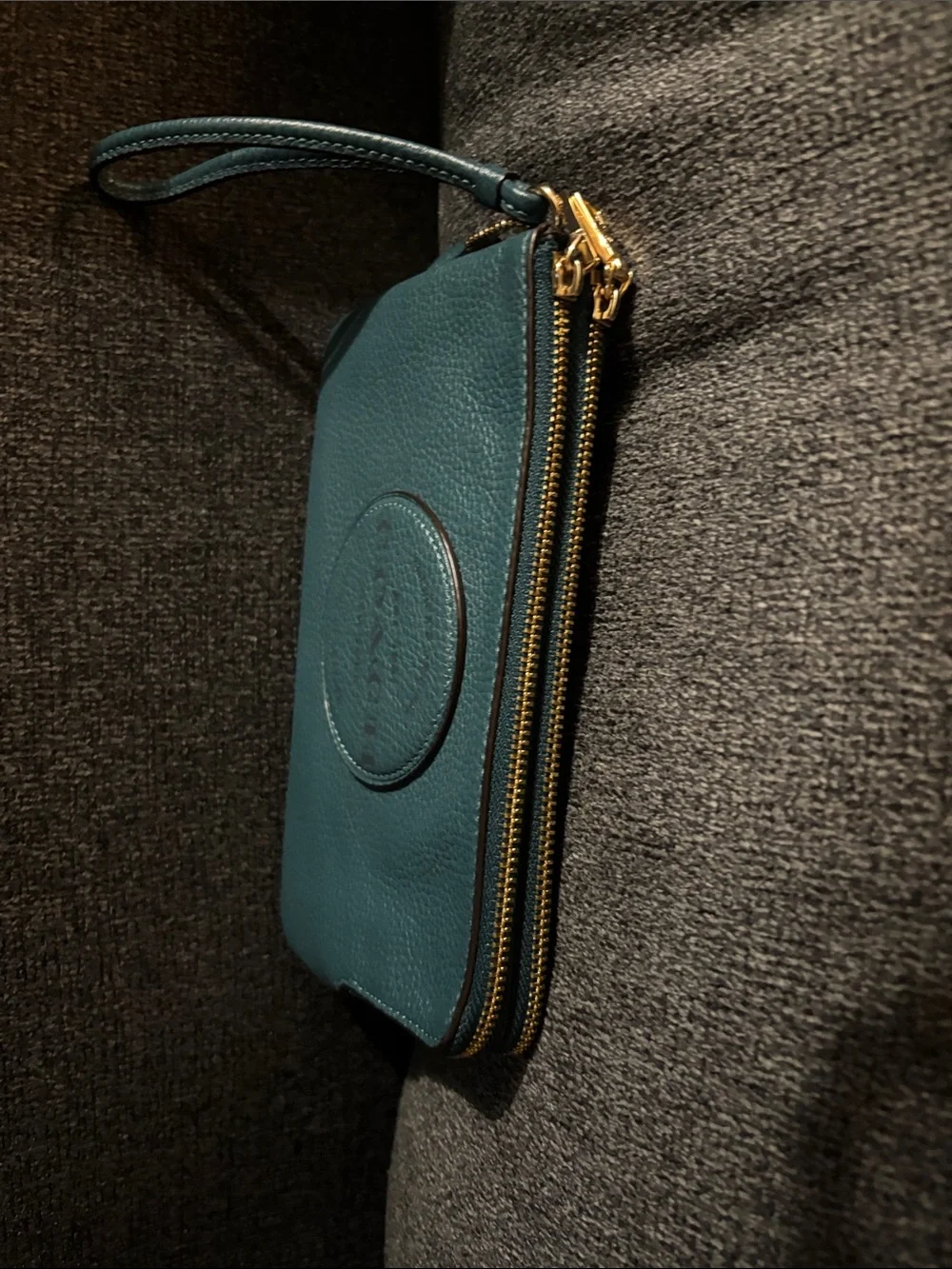 Coach Teal Pebbled Leather Wristlet Clutch with Gold Hardware